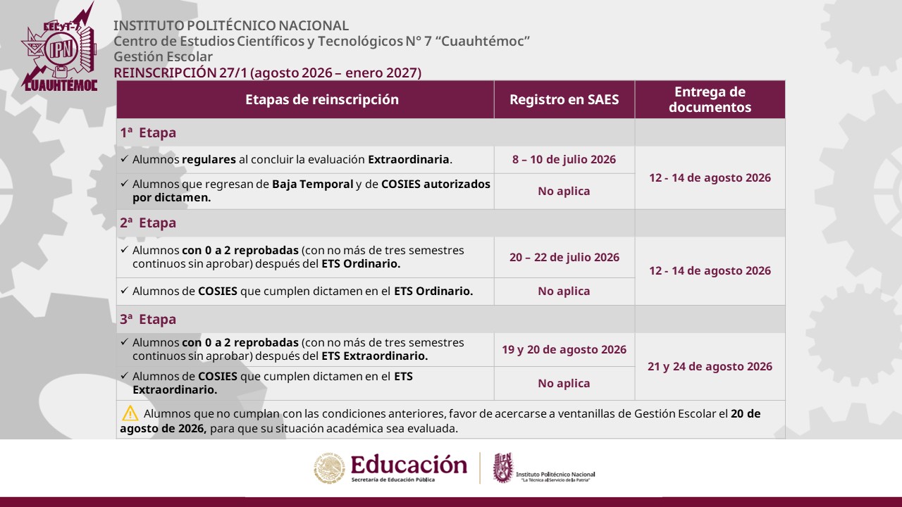Calendario de etapas de reinscripción, periodo 2027/1 (agosto 2026 - enero 2027)